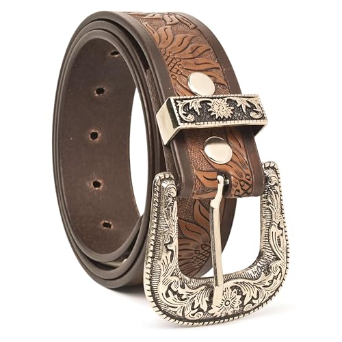 Cowboy Western Genuine Leather Belt for Men - Vintage Handcrafted Tooled Floral Design Engraved Changeable Buckle