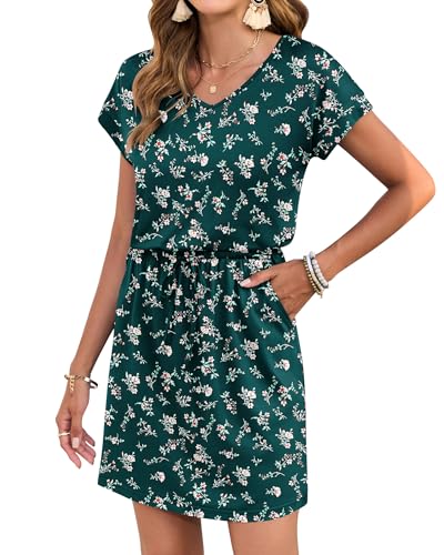 Image of AUSELILY Womens Summer Mini Dress, Short Sleeve V Neck Drawstring Casual | Soft smooth drape with an adjustable drawstring waist for beach, casual outings and daily wear