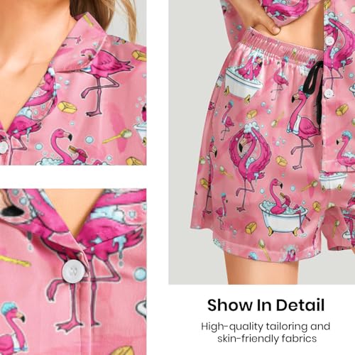 Image of Funny Pajamas for Women Set Print Satin Loungewear Pjs Short Sleeve Button Down Top and Shorts Sets Sleepwear XS-3XL
