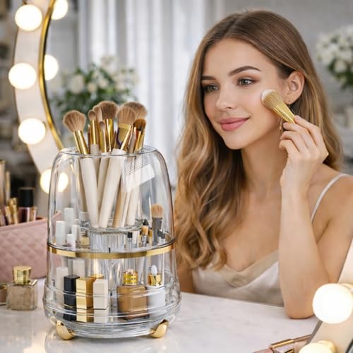 Image of KiZY Luxury 360 Rotating Makeup Brush Holder Organizer | Countertop Organizer Skincare Storage for Vanity, Desktop, Bathroom, Cosmetics | Lipstic, Eyeliners, Perfume Storage. (TRANS WITH LID)