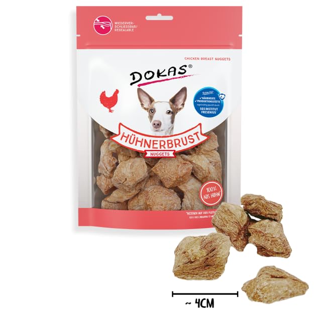 Dokas Hühnerbrust Nuggets 5er Pack, 5 x 110 g, Ergänzungsfuttermittel für Hunde, Hergestellt aus fettarmem Hühnerbrustfilet, Hoher Proteingehalt, Ohne künstliche Zusätze
