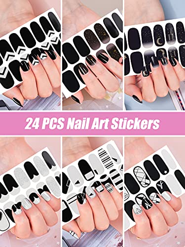 24PCS Full Nail Wraps Aufkleber, EBANKU Schwarz weiÃe Nagelsticker Selbstklebende Stern Mond Nail Art Aufkleber 3D Nagelfolie Nagellack Aufkleber mit 1PCS Nagelfeile für DIY Nageldekoration – Bild 6