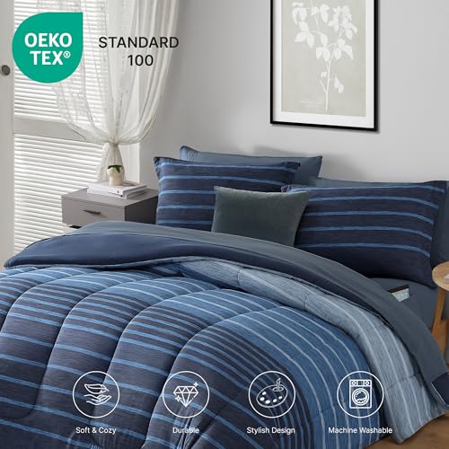 Image of Monbix Queen Comforter Set - 7 Pieces Bed in a Bag Queen, Navy Blue-Stripe Bedding Sets, All Seasons Comforter Bed Set with Sheets, Pillowcases & Shams