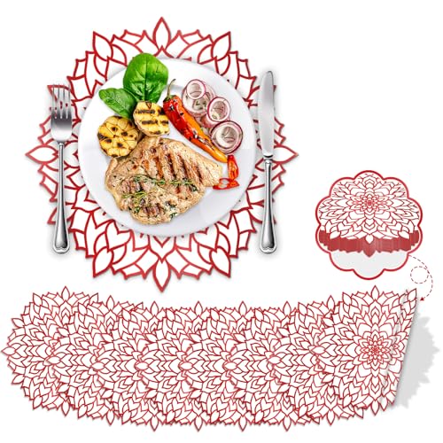 50PCS Disposable Red Metallic Round Paper Placemats Round Floral Charger Table Mat Table Setting Mat Pressed Paper Round Place Mat for Christmas Wedding Birthday Party Table Decor Supplies