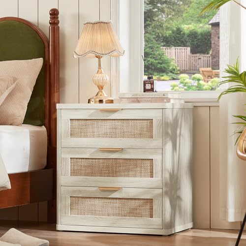 Image of LEYAOYAO Rattan Night Stand with Drawers, 23 inch Large 3 Drawer Boho Nightstand, Grey White Bedside Table Storage Cabinet, Bed Side End Tables Dresser for Bedroom, Living Room, Hallway, Closet