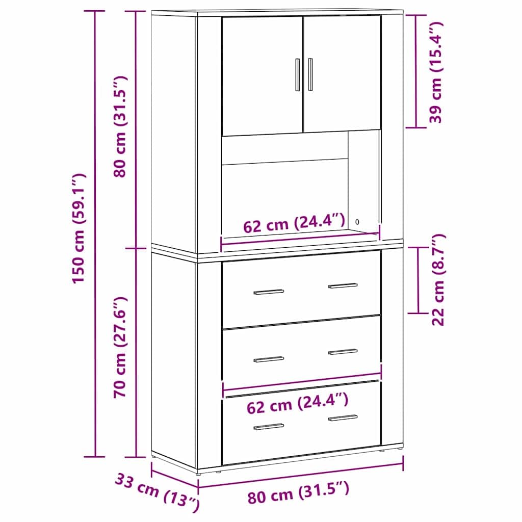 Meuble haut avec tiroirs et portes en bois vieilli - 80 x 33 x 150 cm - Buffet moderne pour salon, salle à manger, bureau - Avec espace de rangement et étagère