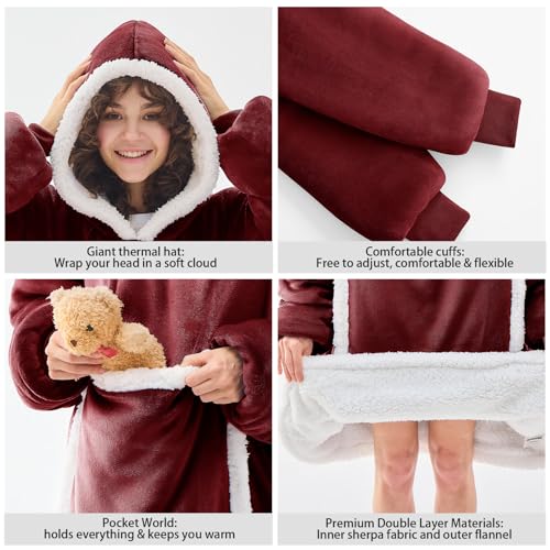 JOYWOO Wine Red Wearable Blanket Hoodie,Oversized Cat Lovers Sweatshirt Blanket for Adult & Teens,Birthday Gifts for Women Men Mom Girl Boys,Cozy Sherpa Blanket Giant Pocket Gifts,Burgundy Small