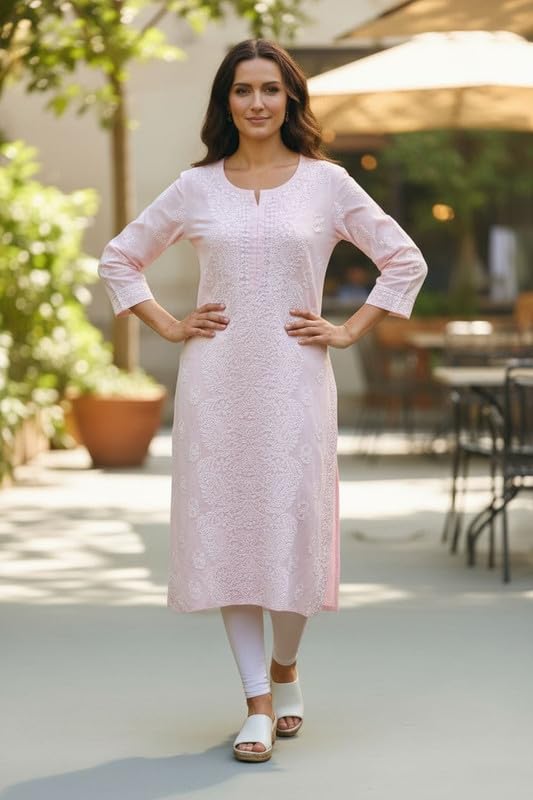 Image of Eddika Women's Cotton Teri Voil Hand-Embroidered Chikankari Kurta | Elegant Lucknowi Style Ethnic Wear