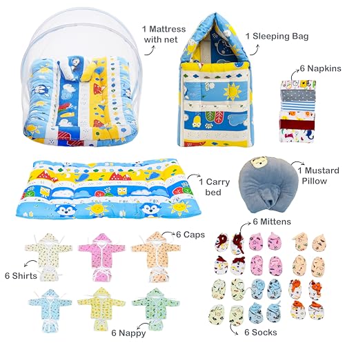Image of Infantbond Baby Semiwinter and Monsoon Season Use Hospital Essential Combo for New Born | Gift Pack | Baby Products | Maternity Essentials | Bedding Set (64 Items)(0-6 M) (64in1 Blue Fox)