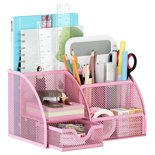 Solinxe Organiseur de bureau, organiseur métallique pour stylos avec tiroir, porte-crayons multifonctionnel à 6 compartiments pour le bureau, les enfants, la coiffeuse, Rose