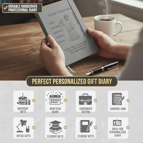 Image of Personalized Journal - Custom Name Hardcover Diary for Men & Women, Premium Paper, Durable Grey Finish (Grey-Sculpt-Custom)