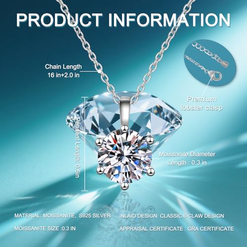 2ct GRA Certified Moissanite Necklace for Women - 14K White Gold Plated S925 Sterling Silver Pendant, D/VVS1 Excellent Cut, Adjustable Chain, Luxurious Gift for Her2