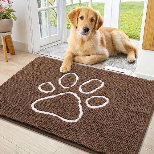 Image of Smiry Dog Door Mat for Muddy Paws, Absorbent Dirt Trapper Non Slip Quick Dry Washable Chenille Mat for Mud Dogs, Entry Rug for Indoor and Outdoor (36x24 Inches, Coffee and White)