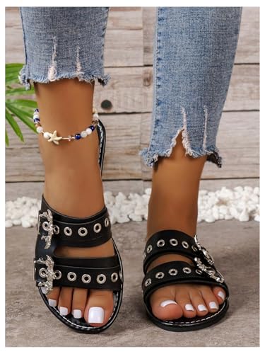 Verdusa Women's Gothic Buckle Grommet Cut Out Flat Sandals PU Leather Summer Slip on Slides3