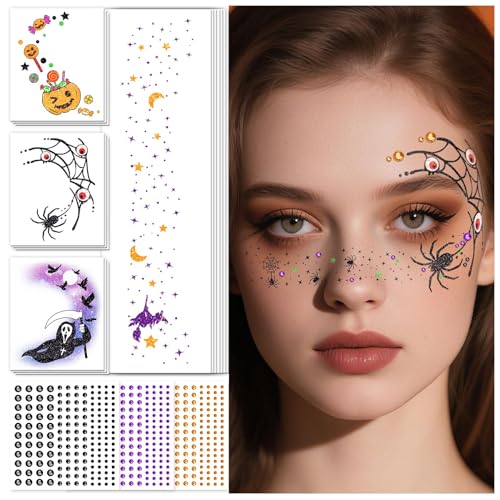 Leesgel Halloween Decorations 6 Glitter Freckles and 14 Face Tattoos for Women Halloween Face Paint Makeup 3 Face Gems Stickers for Party Festival Accessories