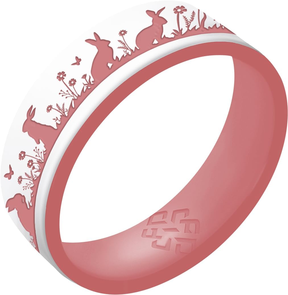 Knot Theory Gold Bunnies Silicone Ring for Women - Mint Green, Pearly Pink, Lavender Purple, White RoseGold Breathable Dual Layer Comfort Fit 6mm Bandwidth
