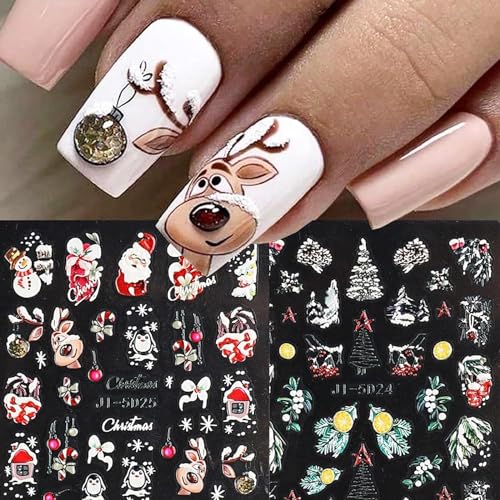 Christmas Nail Art Stickers 5D Embossed Nail Decals Red Santa Claus Tree Penguins Snowman Snowflake Xmas Nail Design Transfer Sliders Holiday Nail Stickers for Women New Year Manicure Nail Decoration