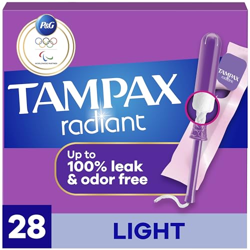 Tampax Radiant Tampons Light Absorbency with BPA-Free Plastic Applicator and LeakGuard Braid, Unscented, 28 Count