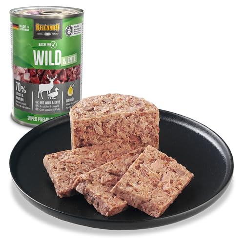 BELCANDO Baseline Nassfutter für Hunde, Wild & Ente, 6X 800g Dose, 70% Fleisch für ausgewachsene Hunde, Hundefutter nass ohne Getreide, Made in Germany