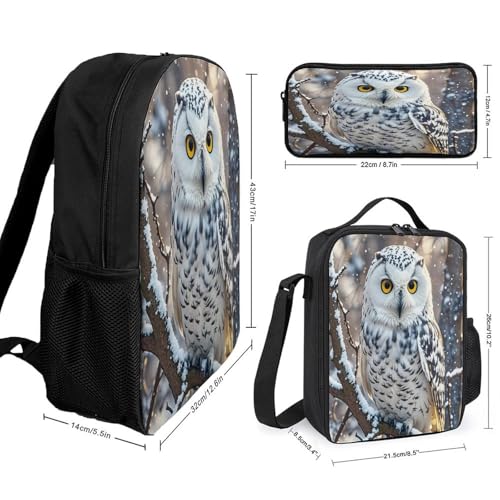 Printed Backpack With Lunch Pack Storage Box Case Winter White Owl 3pcs Lightweight Travel Backpack2
