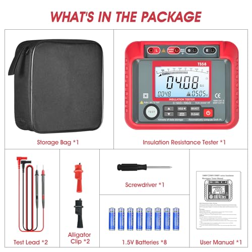Image of Megohmmeter, 1000V /2500V /5000V Digital Insulation Resistance Tester with AC /DC Voltage 10-600V, 100 Data Storage, DAR /PI, LCD Backlight, Low Battery Indicator for Electrical Equipment Testing