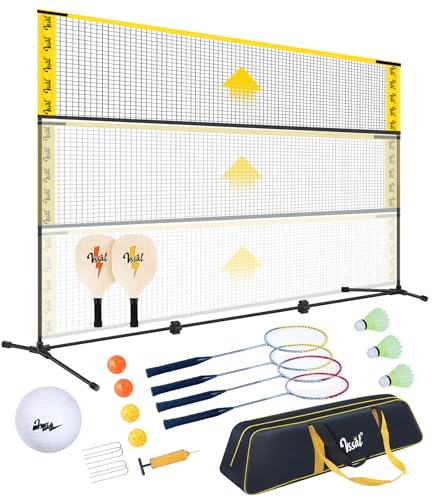 VSSAL 3-in-1 Portable Badminton, Volleyball & Pickleball Net Set for Adults, Adjustable Height 34'–10 ft for Backyards or Beach, Outdoor Sports Combo with Carry Bag, Rackets, Paddles & Balls (10 ft)
