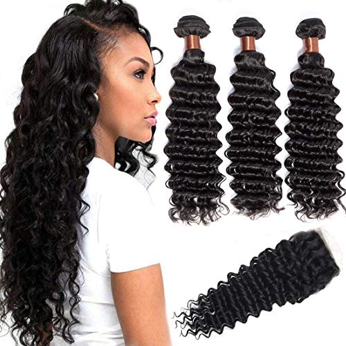 ANGIE QUEEN Brazilian Deep Wave Hair 3 Bundles With Closure Unprocessed Virgin Human Hair Bundles Weaves With Lace Closure Free Part Hair Extensions Natural Black Color (20 20 22+18 closure)