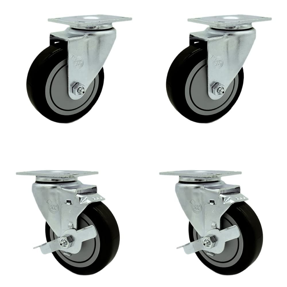 Swivel Caster Set of 4 with 2 Brakes - 4 Inch Black Polyurethane Wheel – 350 lbs. Capacity Per Caster – 4 Inch x 4-1/2 Inch Overall Top Plate – Service Caster Brand