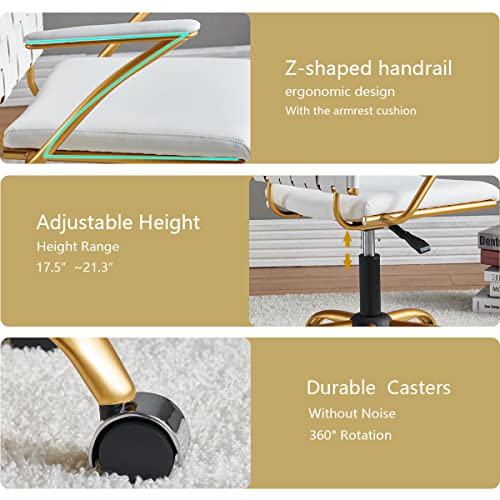 Carocc Modern Leather Desk Chair White And Gold Office Chairs Mid Back Conference Chairs Swivel Adjustable Computer Chair With Arms And Wheels Comfortable Task Chair (White) #TOP4