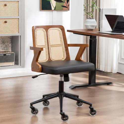 Image of Conference Room Chair, Mid Century Walnut Desk chair with Rattan Backrest
