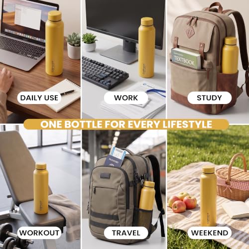Image of CASPIAN / / / Astra Stainless Steel Water Bottle 1 litre (1000 ml) | Single Wall, Leakproof & BPA-Free | Reusable Metal Bottle for Fridge, Home, Office, Gym, School & Travel, Saffron, Pack of 1