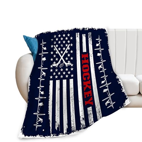 Lureix Hockey Blanket Navy Blue American Flag Throw Blanket Hockey Gifts for Men Women Boys Girls Lover Adult Cozy Fleece Flannel Bedding Stuff Plush for Couch Sofa Bed Decor 50X40