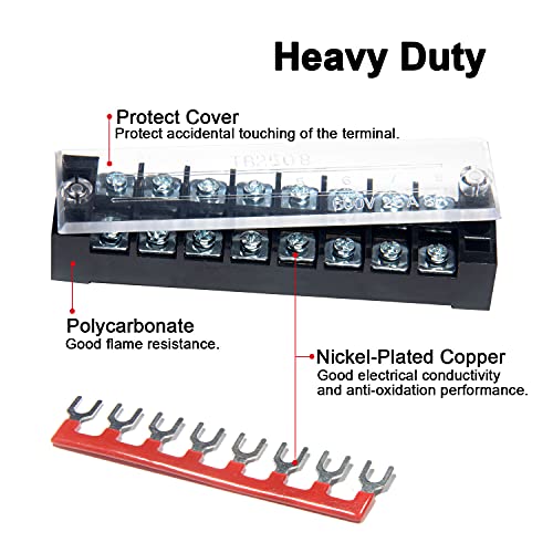 Image of Terminal Block and Strip - 6 Sets 8 /10 /12 Positions 600V 25A Dual Row Wire Screw Terminal Strip Block with Cover + 400V 25A Pre-Insulated Terminals Barrier Strips Jumpers (Black & Red)