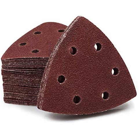 SPEEDWOX 50 Pcs Triangle Sanding Pads Hook and Loop 80 Grit Oscillating Sanding Pad 90mm 6 Holes Fit 3-1/2 Inches Oscillating Multi Tool Detail Sander Sandpaper Triangle Sanding Discs Sanding Tool Cover