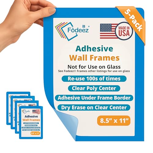 Fodeez 8.5 x 11 Adhesive Wall Frames - Peel & Stick Picture Frames Wall Sign Holder Paper Protector Sheets Certificate Holders Reusable Picture Frame Dry Erase Non Magnetic - Blue Pack of 5