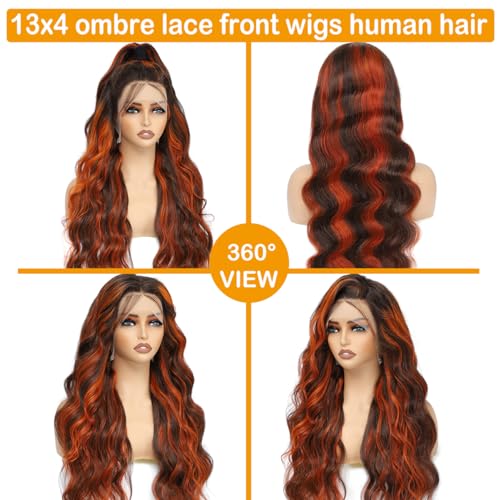 Image of LAINSS P4 /350 Ginger Orange and Brown Colored Body Wave Lace Front Wigs Human Hair 13x4 Highlight HD Lace Front Wig Human Hair Pre Plucked for Black Women 180% Density Glueless Wig 32Inch