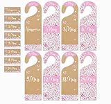 LOT DE 8 SÉPARATEURS À ARMOIRE de bébé thème liberty. Taille naissance, 1, 3, 6, 9, 12, 18 et 24 mois. Taille : 17,9 X 6,3cm RECTO : Fond cartonné avec petites fleurs dans les tons roses+ taille / VERSO : fond cartonné