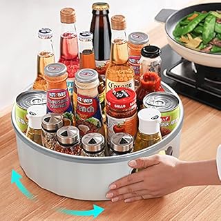 BOKQTTN Lazy Susan Turntable Cupboard Organizer, Multi-Functional Spice Rack Rotating Spice Rack for Kitchen Storage, Revolving Condiment Holder, Non-Slip Storage Racks, Silver & White