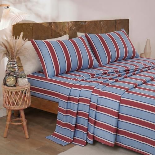 Image of Merryword 100% Cotton Sheet Set Full Size - Burgundy and Blue Striped Bedding, Soft Breathable Percale Weave, Deep Pocket Fitted Sheet 17.5 inch, Luxury & Silky Soft Sheet Set for All Seasons