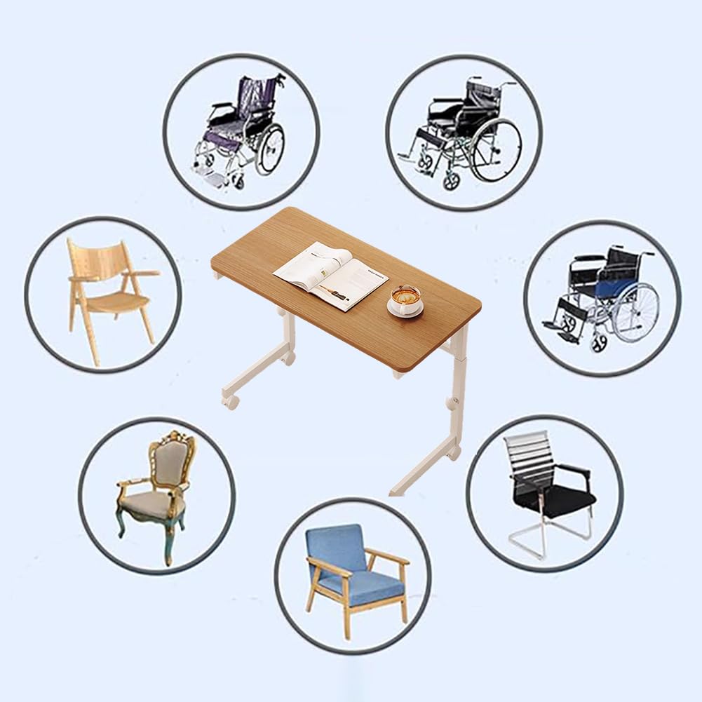 Tavolo Pieghevole A Forma Di C in Legno Massello Con Ruote Omnidirezionali A 360°, Comodino Medico Regolabile, Tavolino Accessibile in Sedia A Rotelle Per Disabili/Anziani,B is 80cm long