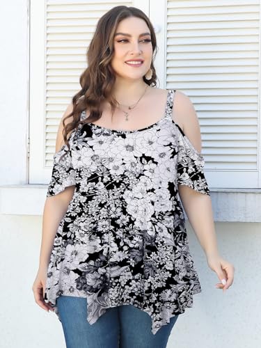 Image of LARACE Cold Shoulder Tops for Womens Summer Clothes Spaghetti Strape Tunic Oversized Shirts Asymmetrical Plus Size Blouse