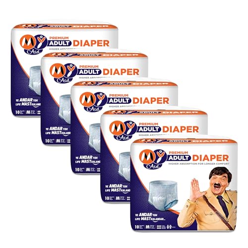Image of Premium Unisex Pant Style Adult Diapers With Wetness Indicator, Elastic-Waist, Fast Absorption, Leakproof, Odour Lock & Anti-Bacterial 50 Count (M,Pack of 5)