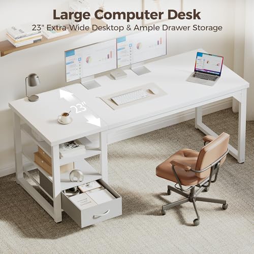 Image of Mericonia 48 in Computer Desk with Drawer, 1 inch Thick Reversible Office Desk | Modern Writing Table with Storage Shelves, Heavy Duty Industrial Study Desk for Home Bedroom Work