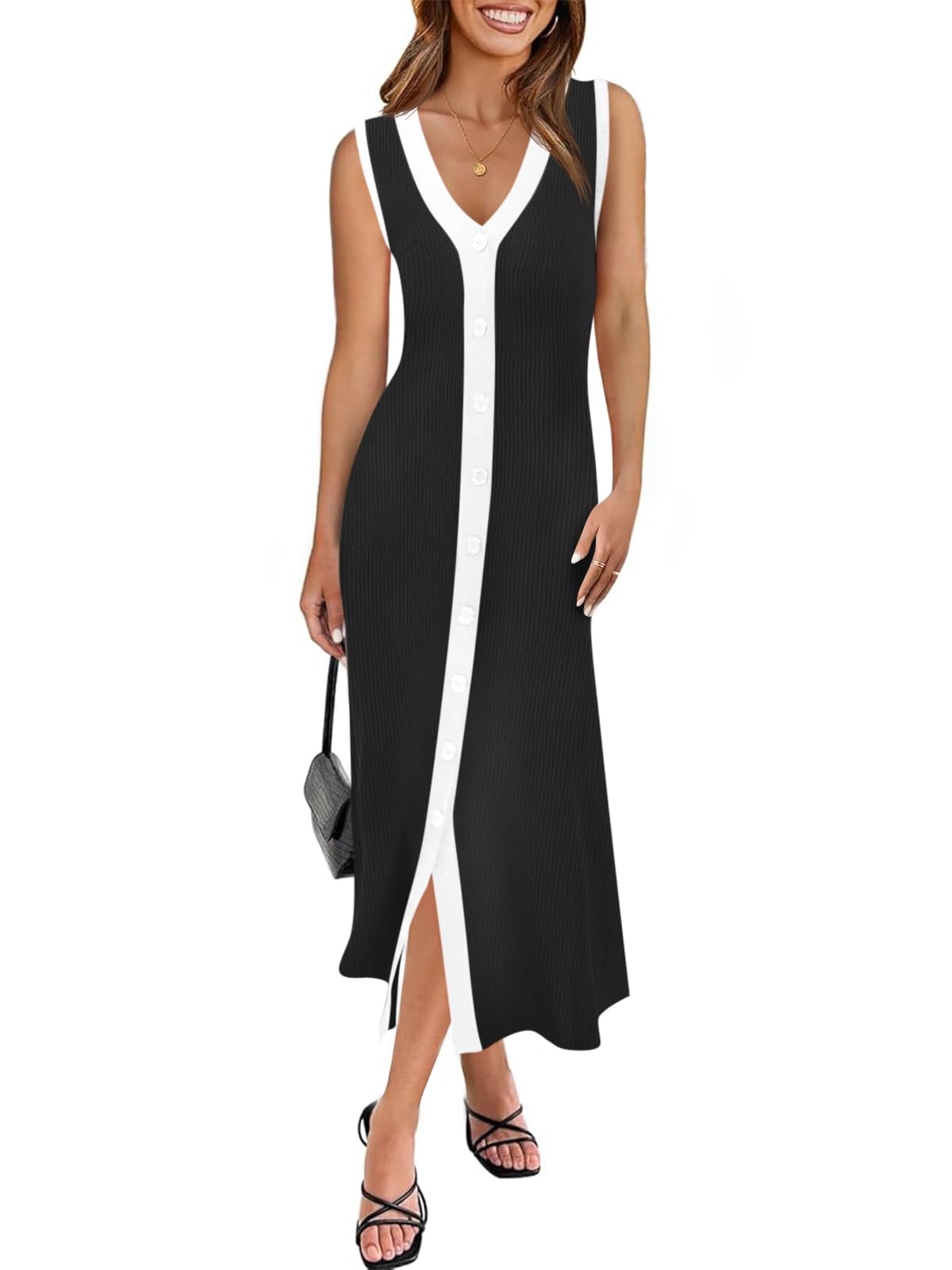 Photo 1 of (large) Womens Summer Button Down Sweater Dresses Sleeveless V Neck Casual Ribbed Knit Color Block Long Tank Dress Black