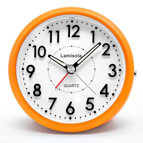 Image of Lamisola 4 Inch Alarm Clock for Bedrooms, Small Analog Desk Clock, Orange | Battery Operated Bedside Clock for Bedroom Bathroom Home Nightstand Shelf, Night Light Snooze, Minimalist Clocks for Seniors