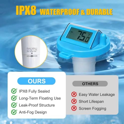 Image of Solar Pool Thermometer Floating,Digital Pool Thermometer,Waterproof IPX8 | Large easy-read display.Includes tether rope for secure floating.Switch between F /C. Perfect for pools,hot tubs & ponds