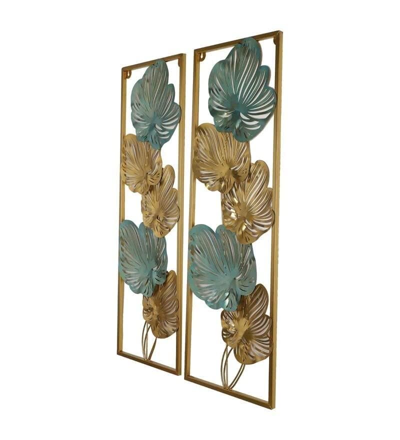 Image of SHREE 'O' GREEN TECH Metal Multicolor Big Leaves Metal Wall Art Room Decor Aesthetic, Set of 3 Golden Frame Wall Sculptures, Wall Decor for Living Room, Bathroom Bedroom or Kitchen Decor