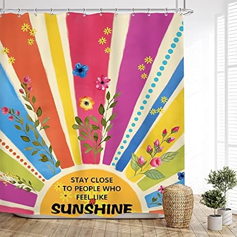 Glawry Vintage Rainbow Sun Shower Curtain Watercolor Floral Colorful Sunrise Inspirational Quotes Bathroom Funky Retro Rural Fancy 60Wx72L Inches Bath Accessories Art Home Decor Fabric 12 Pack Hooks Cover