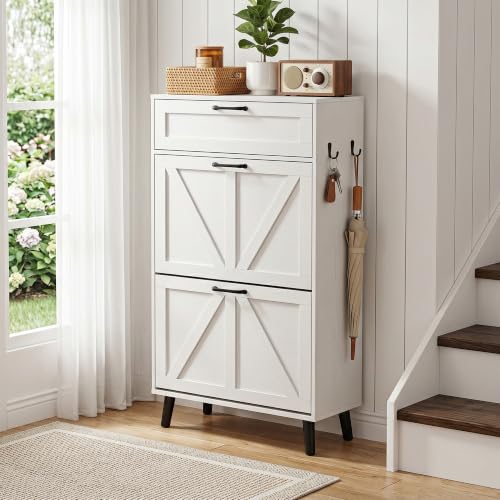 BonVache Armoire à Chaussures étroite, Meuble à Chaussures à Bascule avec 2 Volets et Un tiroir, étagère à Chaussures avec séparateurs réglables et Amovibles, 60 × 24 × 112,5 cm