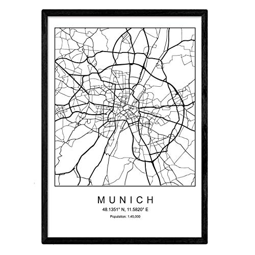 Nacnic Lámina Mapa de la Ciudad Munich Estilo nordico en Blanco y Negro. Poster tamaño A4 Sin Marco Impreso Papel 250 gr. Cuadros, láminas y Posters para Salon y Dormitorio